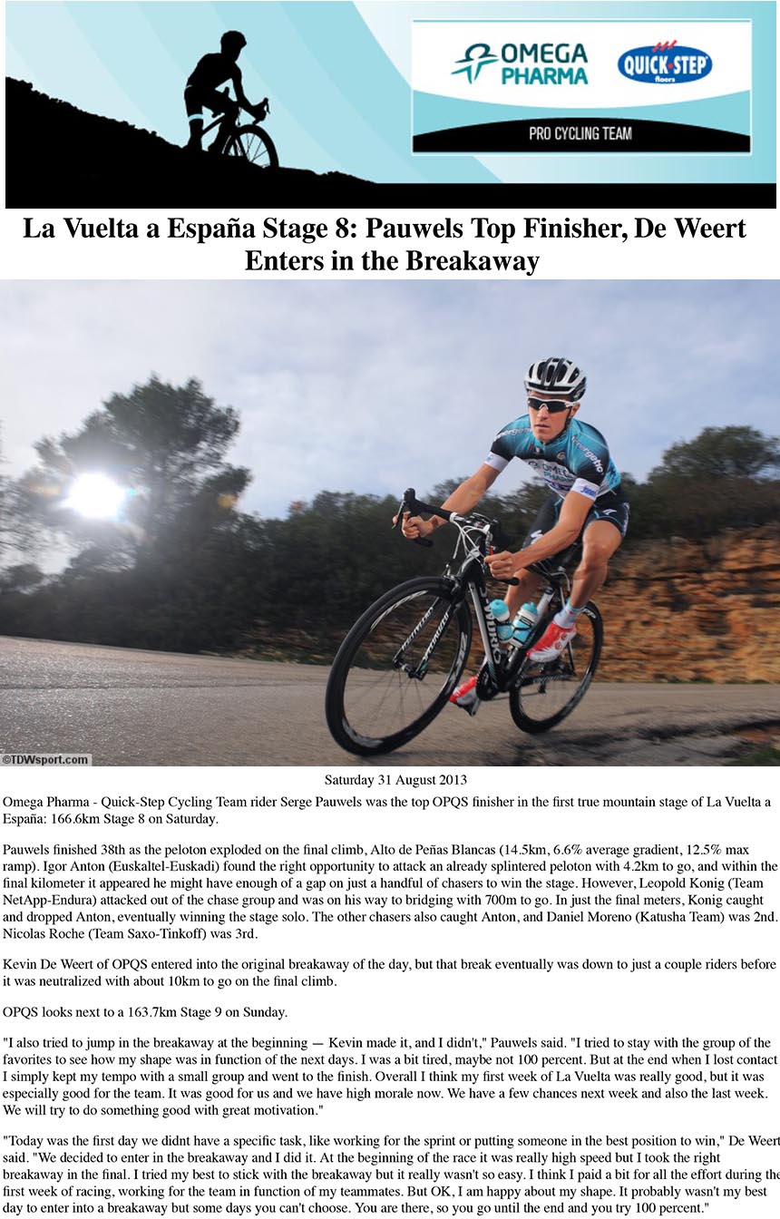 Omega Pharma Quick Step report 8a tappa Vuelta di Spagna